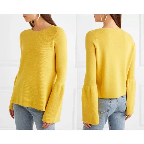 Stella McCartney Crewneck Bell-Sleeve Wool Yellow Ribbed Knit Sweater Size 36 (S - Picture 1 of 8